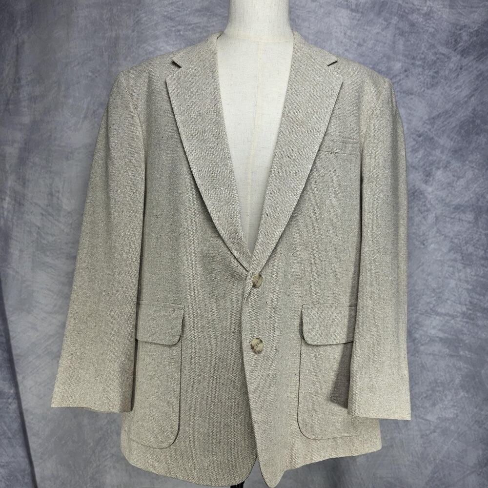 Vintage Lands End Blazer Mens 46R Beige Matka Silk Two Button Sport Coat USA 90s